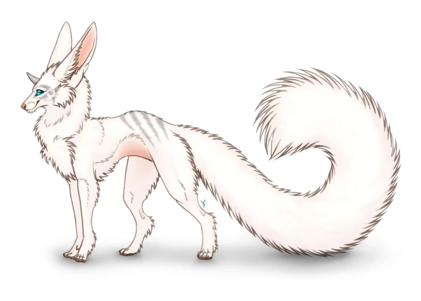 A white fox-like creature with silver markings, long ears, teal eyes, a long tail, and a small silver horn protruding from her forehead.