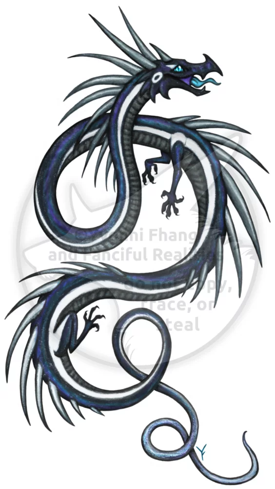 A cool black Eastern dragon with spikes and a white side stripe.