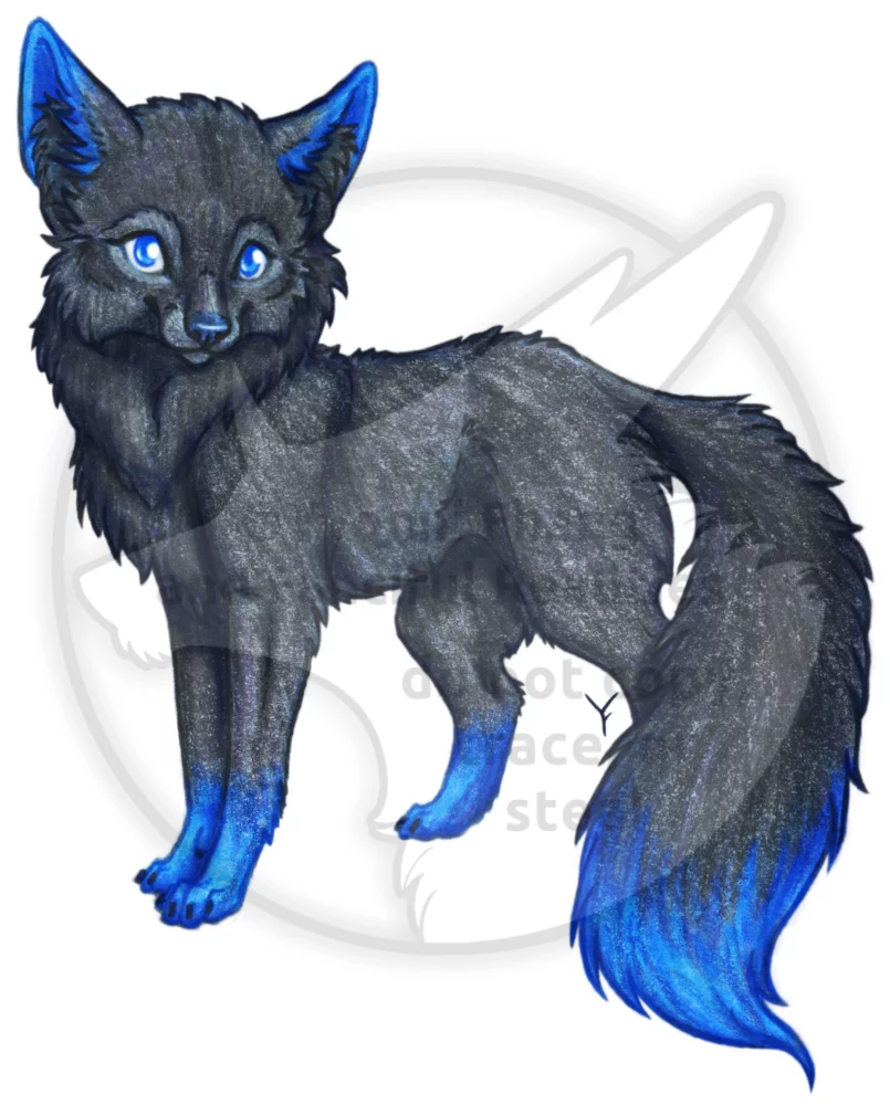 A whimsical black fox with blue tipped ears, paws, and tail.