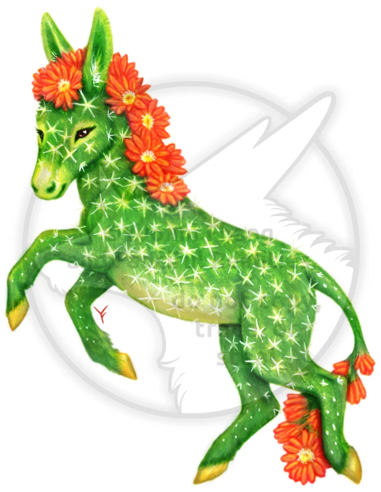 A colorful hybrid creature, a flowering cactus and a cute donkey!