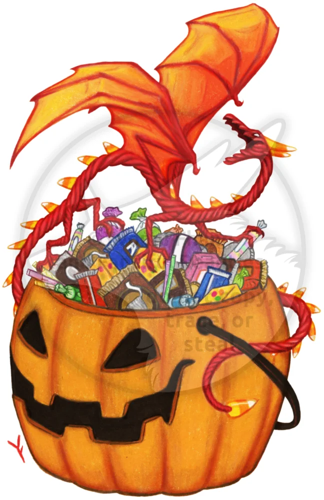Trick or Treat! A fierce candy dragon guards a Halloween hoard! 