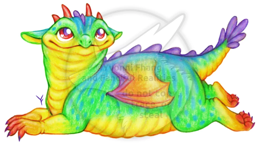 A cute and chubby little dragon covered in rainbow colors.