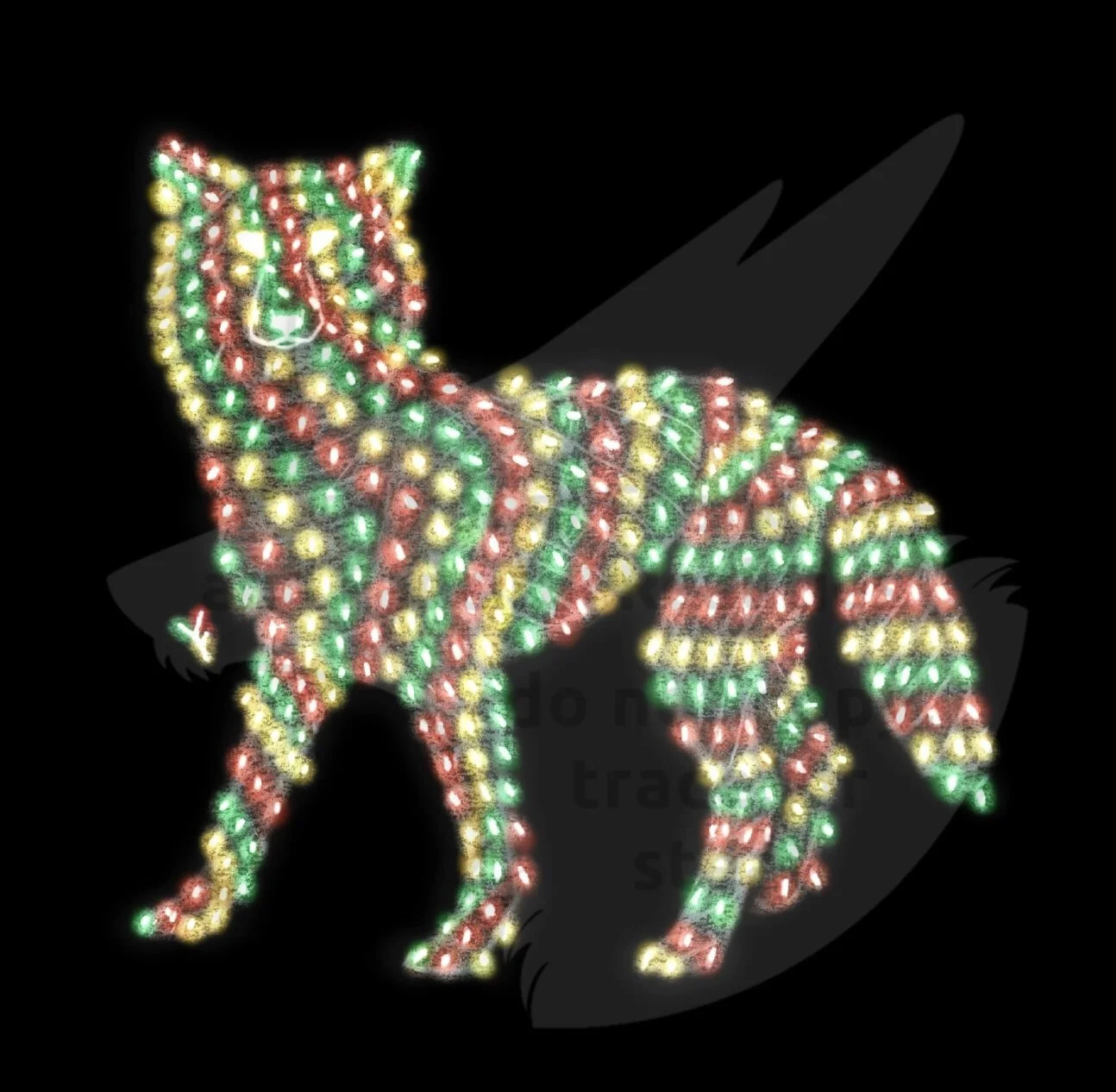 Bright and festive Christmas lights form the shape of a wolf.