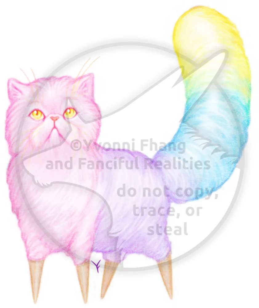 A cute Persian cat made of colorful cotton candy or sugar floss.