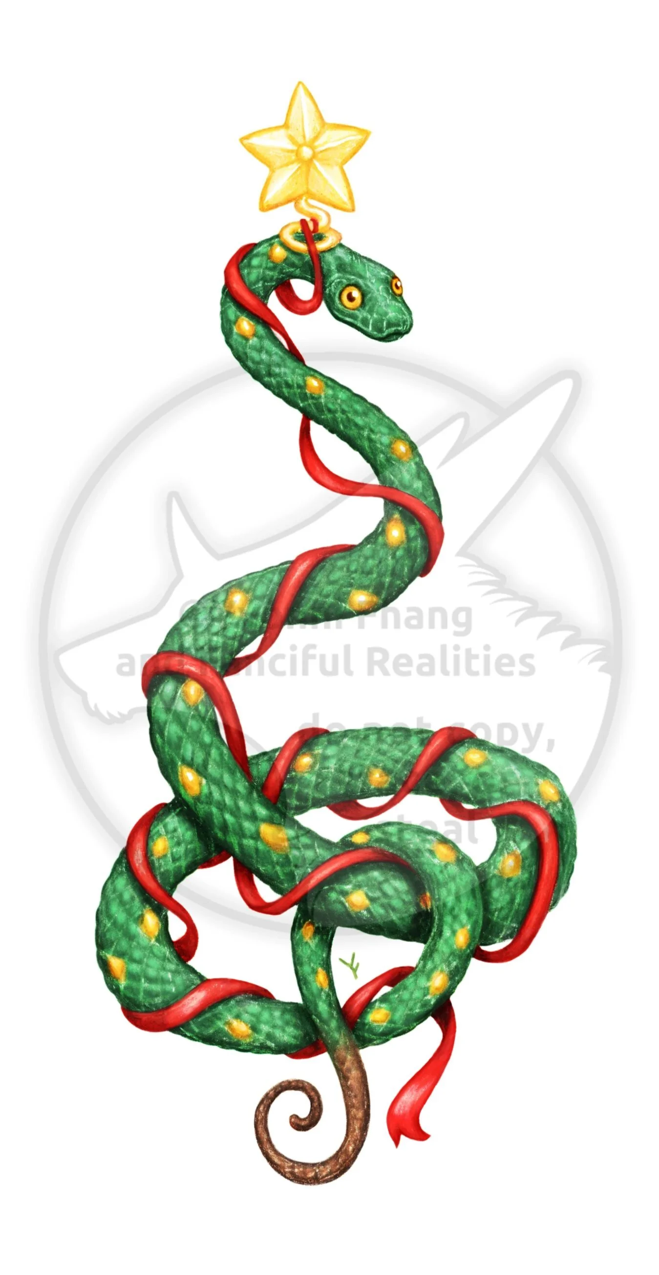 A pretty green snake decorated like a festive Christmas Tree.