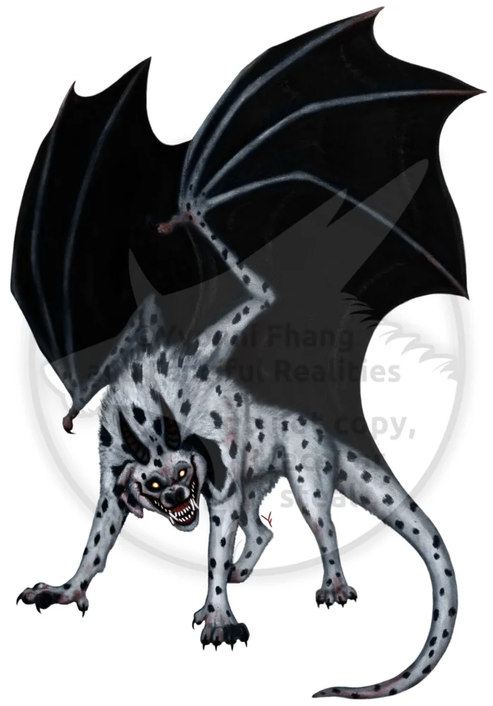 A spooky black and white spotted dragon based on a Dalmatian dog