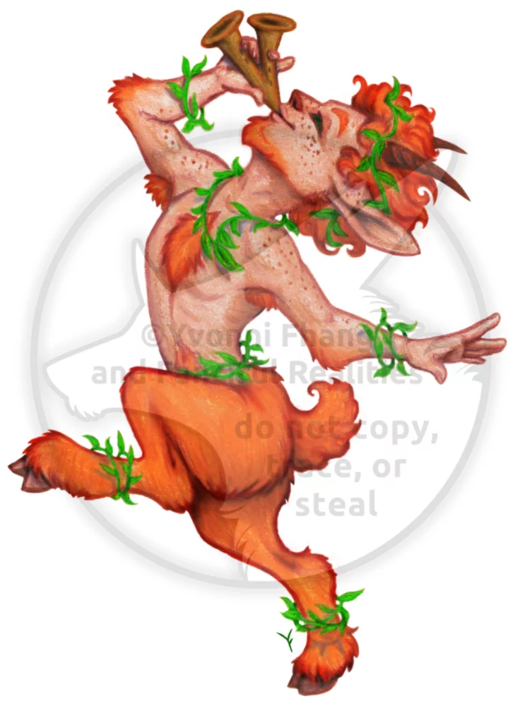 A playful redheaded faun dances to the mythical music he plays.