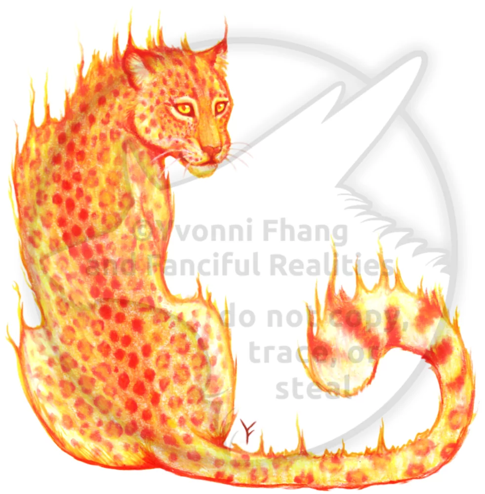 An elemental spotted leopard made of red orange flames of fire.