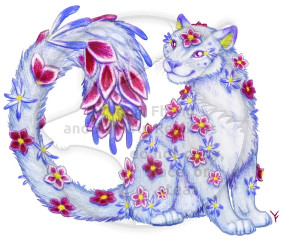 A cute fluffy snow leopard spotted with colorful winter flowers.