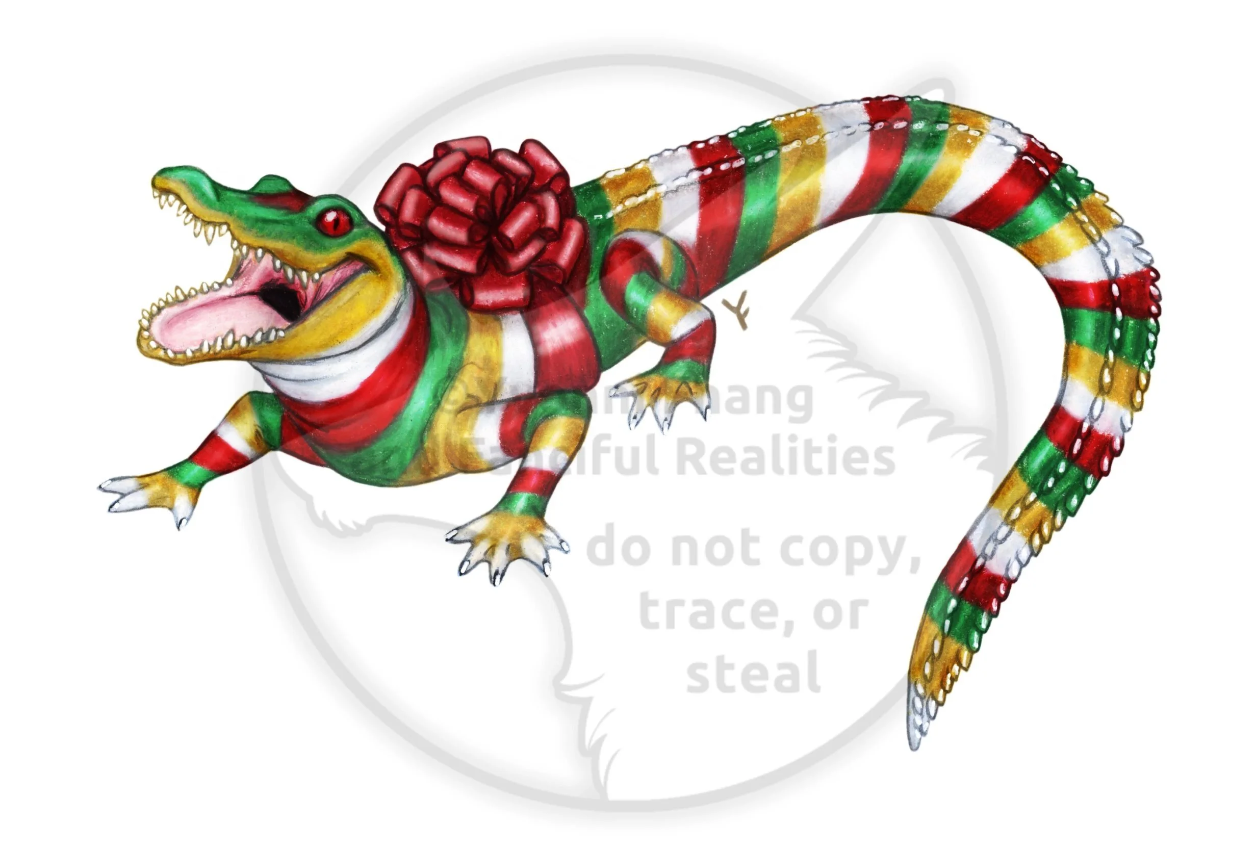A festively wrapped Christmas alligator in a big red holiday bow!