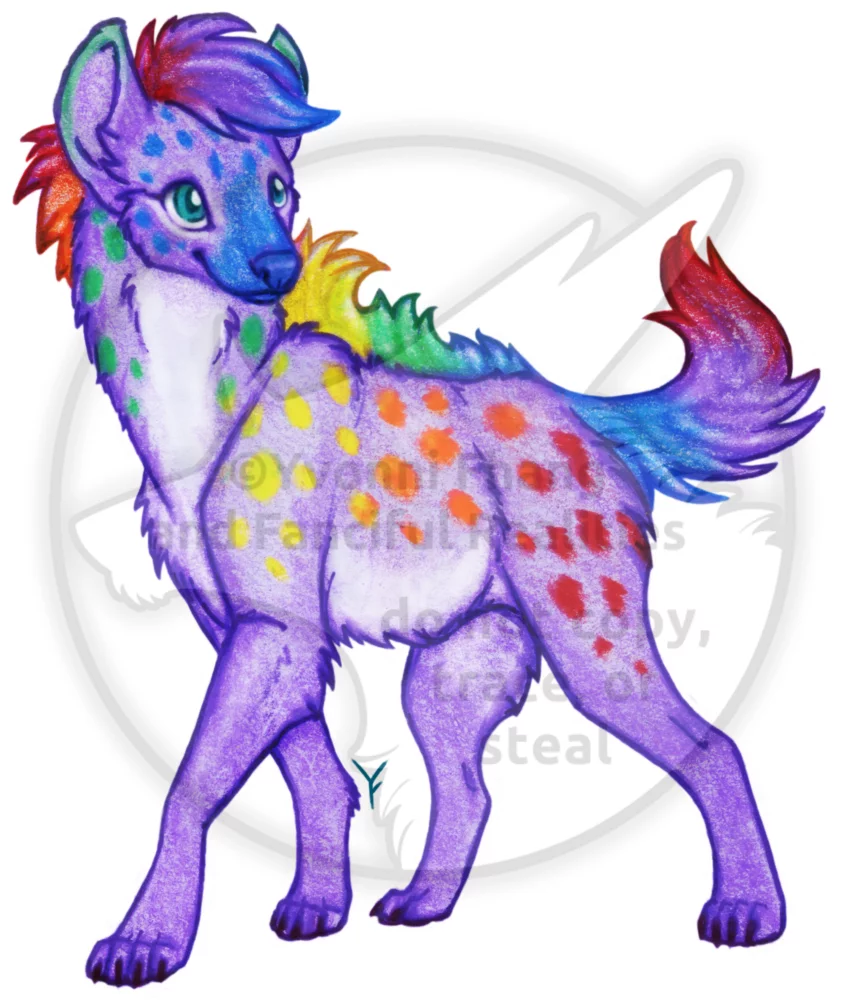 A pretty purple hyena with colorful rainbow spots!