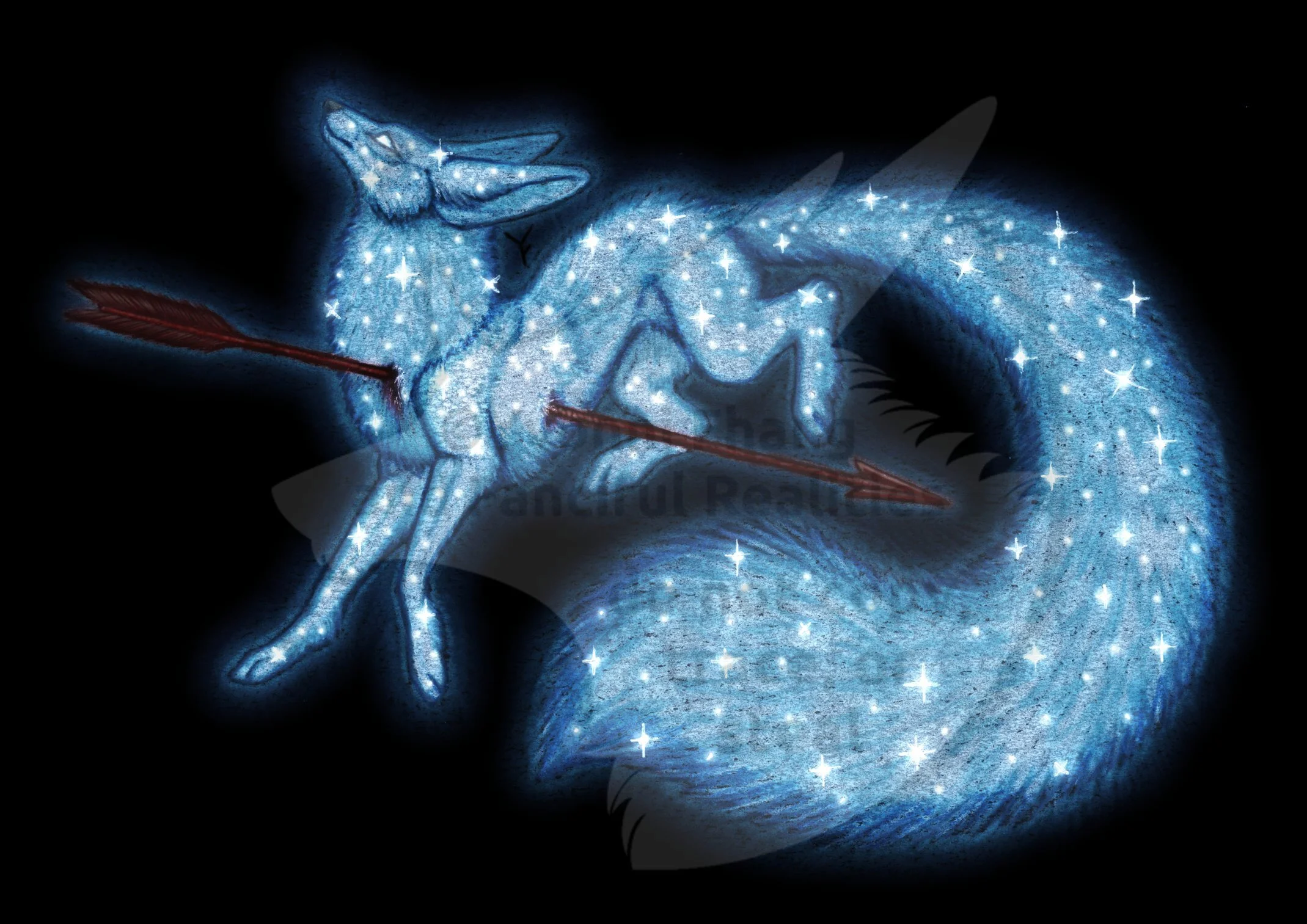 A dark red arrow pierces an ethereal silver blue fox creature.
