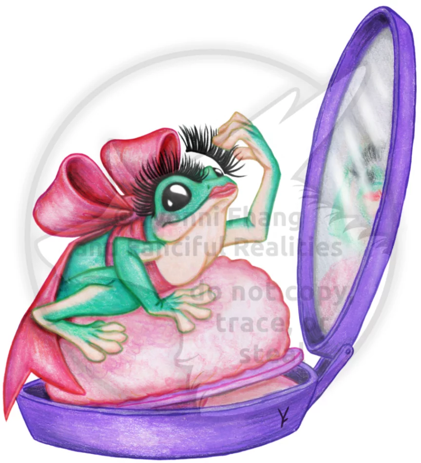 A pretty frog lady sits on a compact applying makeup and lashes.