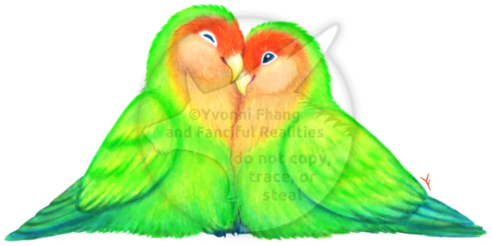 A cute couple of sweet lovebirds snuggle together to make a heart.