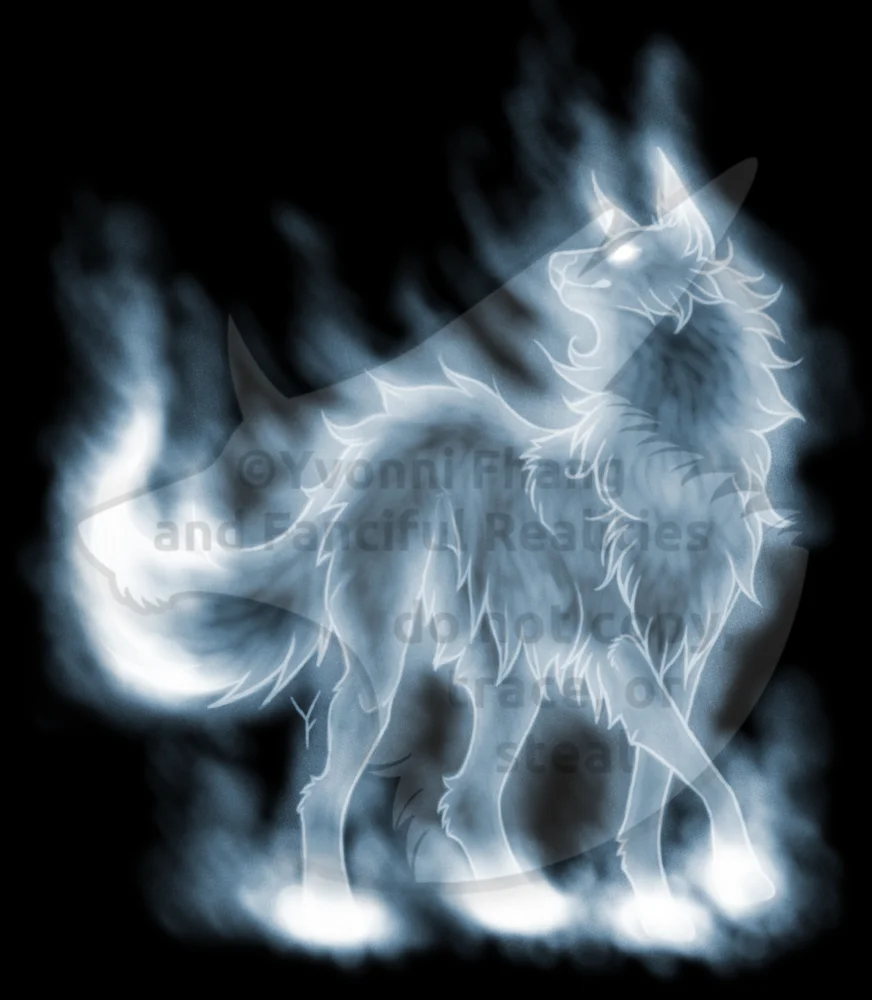Mist forms an ethereal wolf creature against a dark background.