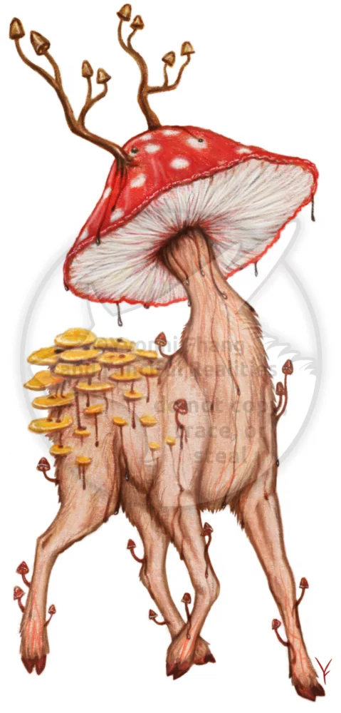 A spooky hybrid creature, a deer infected by various fungi.