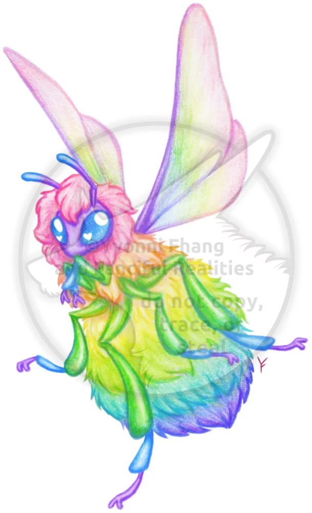 A cute and fluffy pastel rainbow bee with colorful fairy wings!