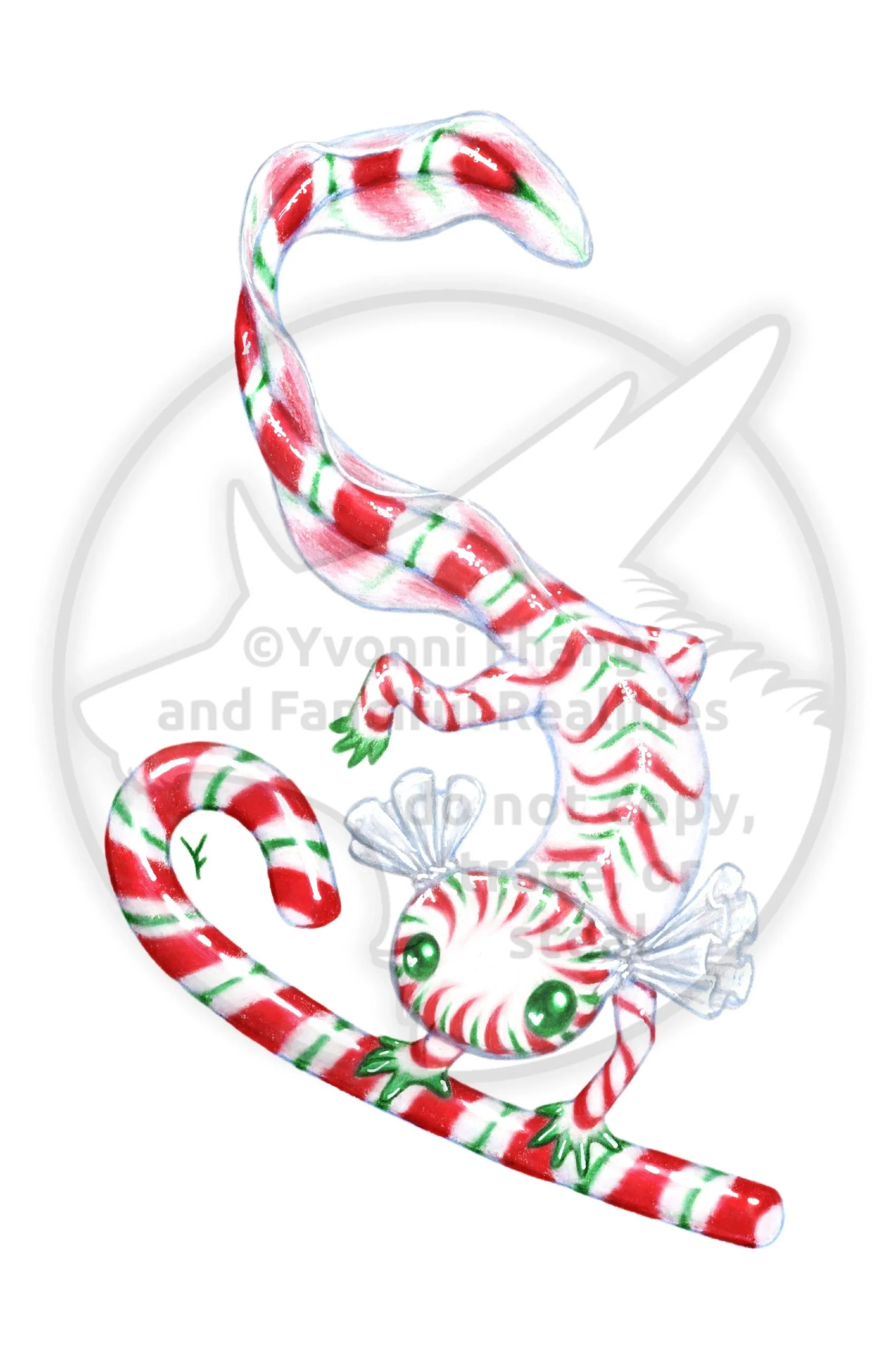 A festive peppermint candy Christmas axolotl with a candy cane!