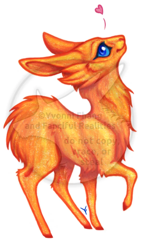 A small red orange deer-like creature named Pyro.