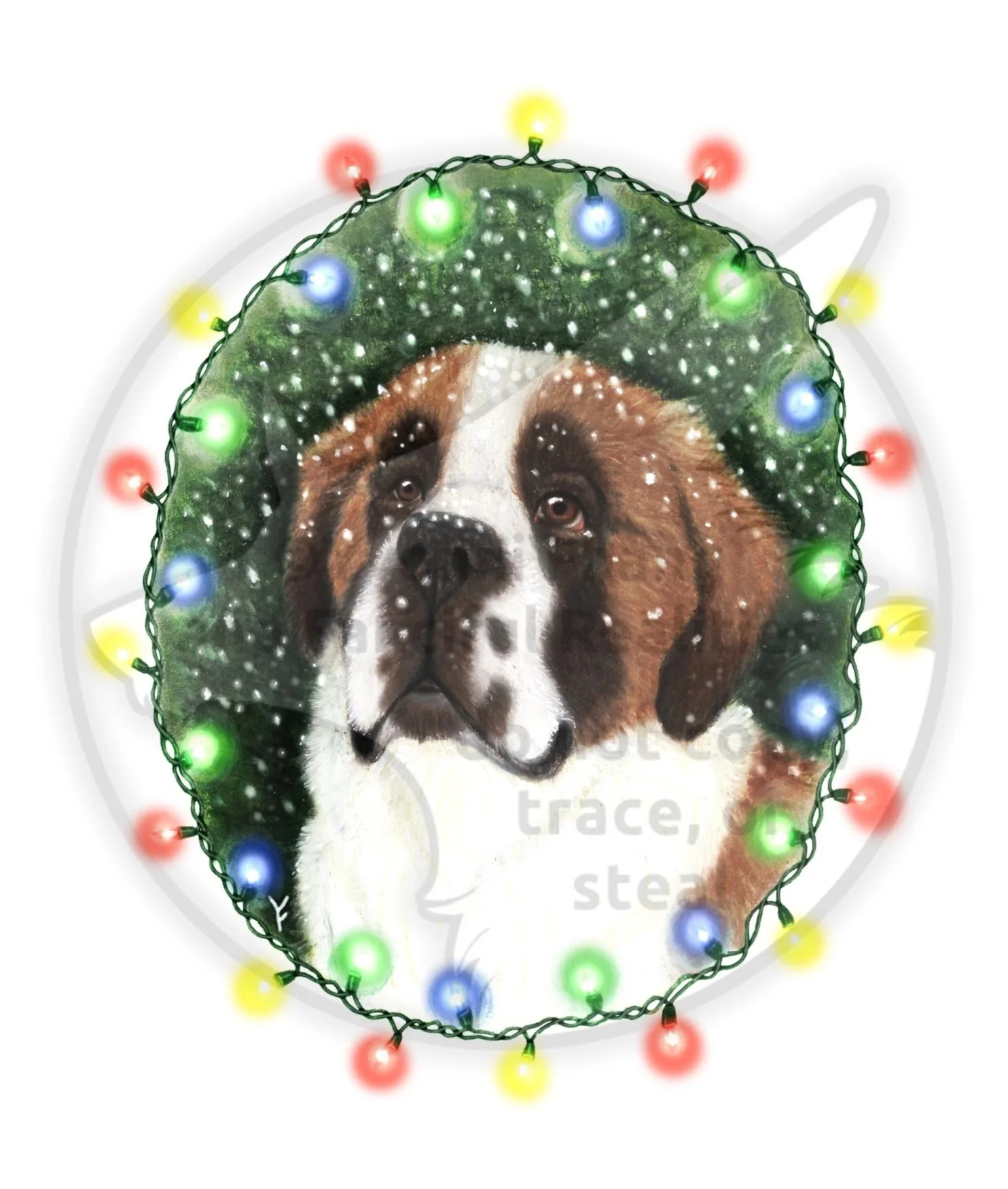A Saint Bernard dog wreathed in snowflakes and Christmas lights.