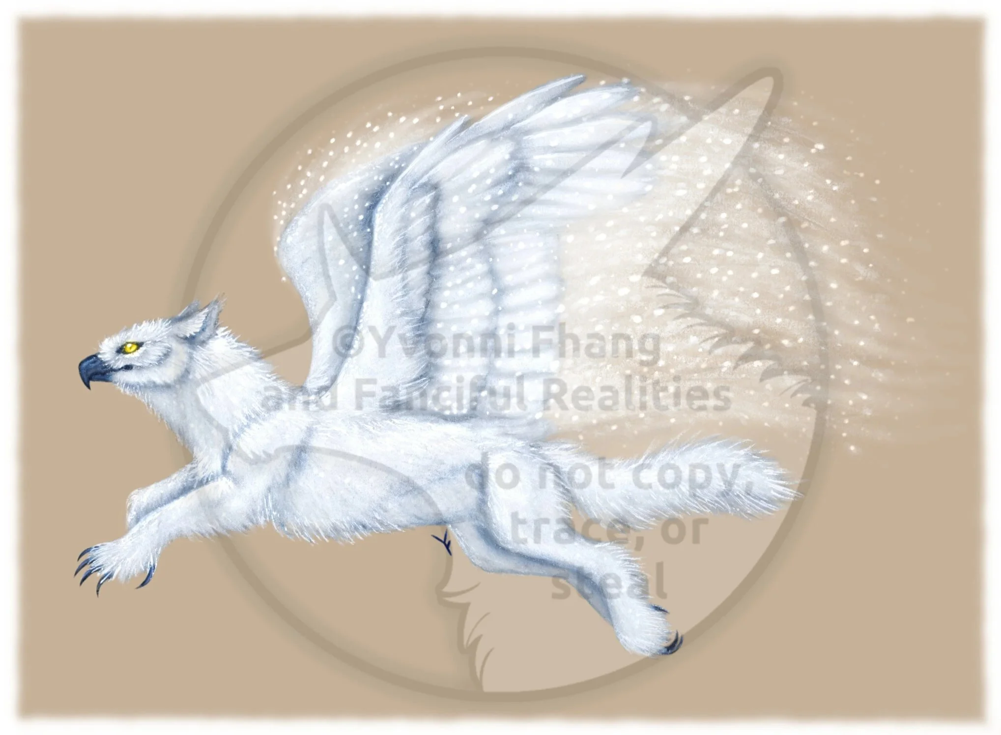 A Snow Gryphon, the mythical hybrid of a rok and an arctic fox.