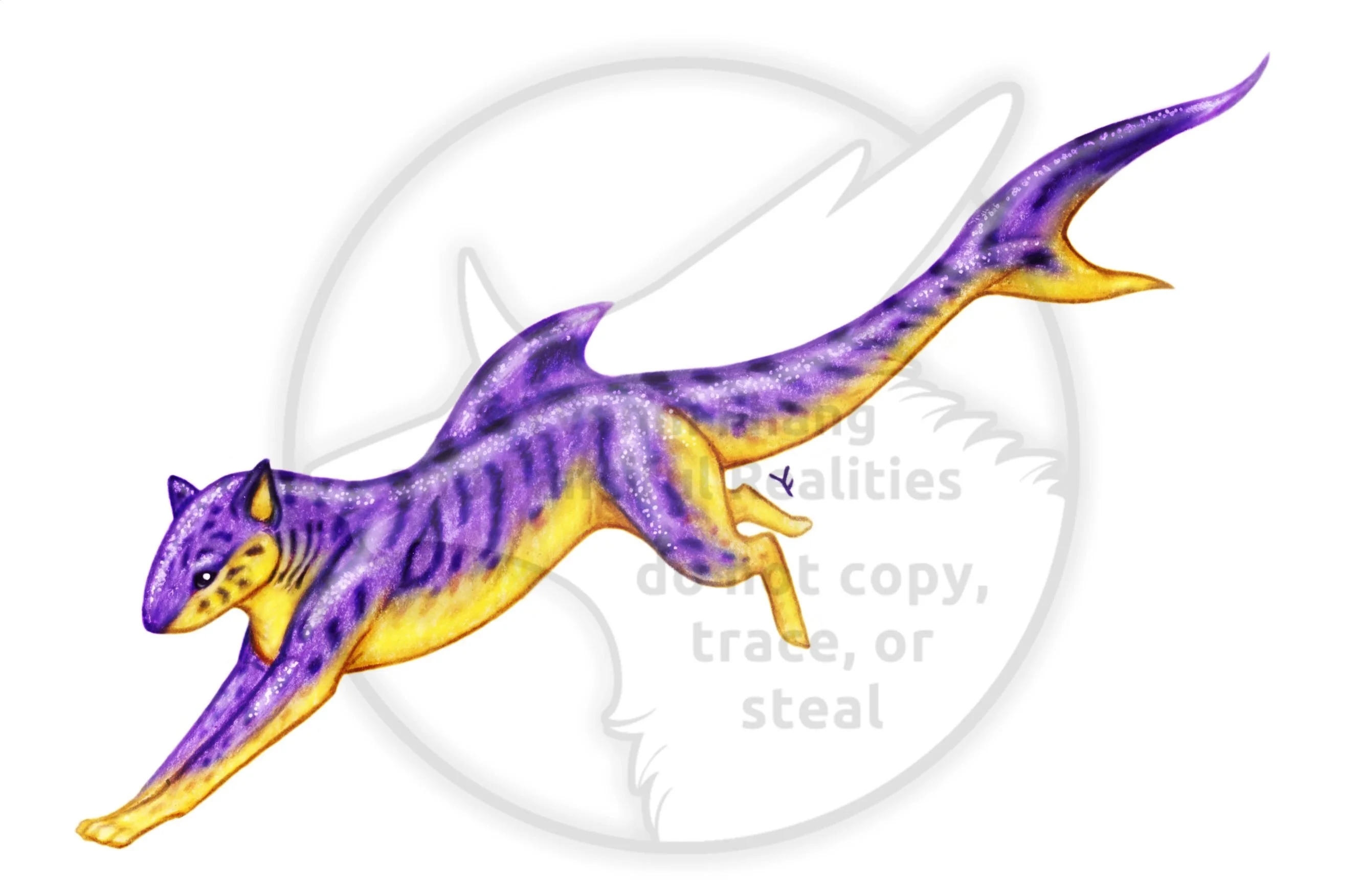 A hybrid animal, a purple tiger shark and a yellow tabby cat.