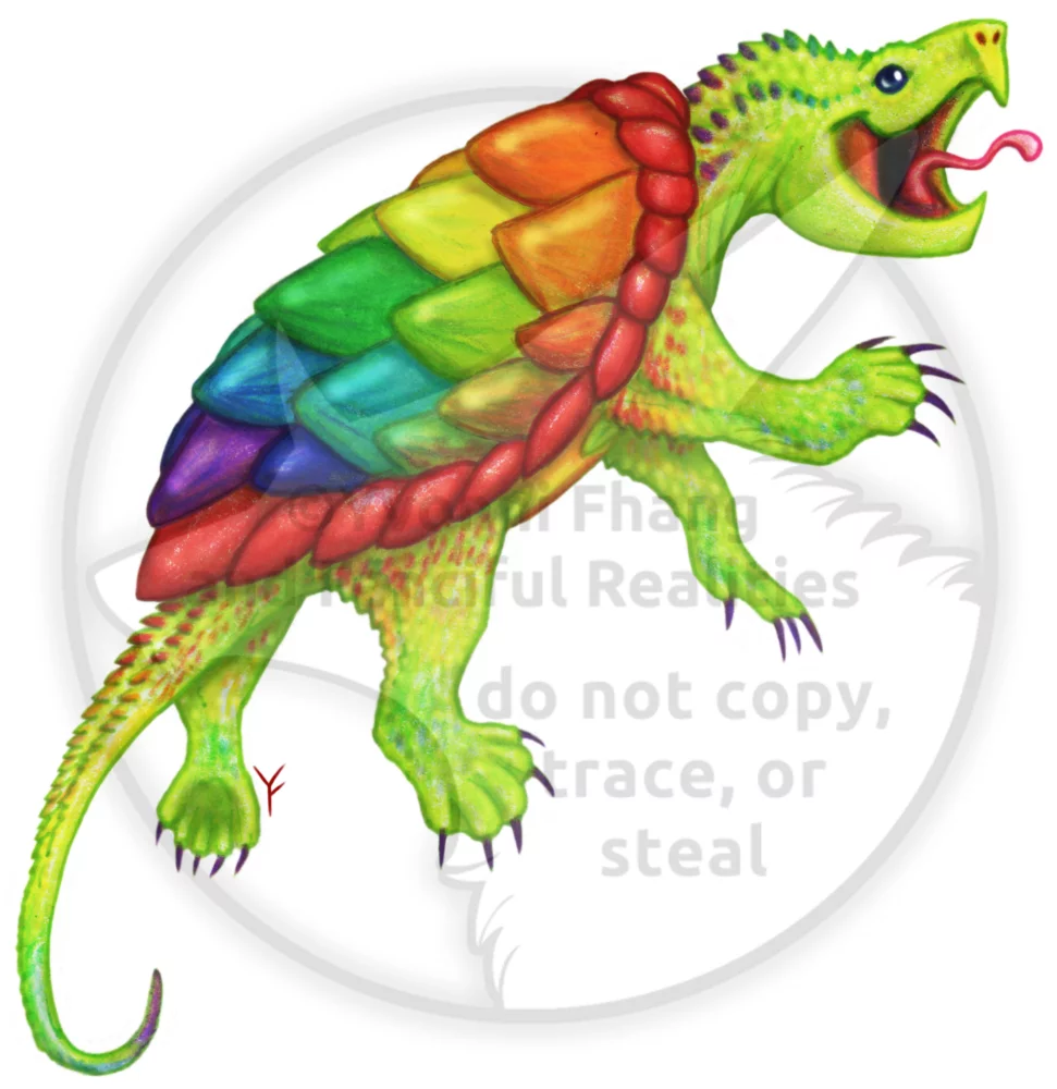 A colorful Alligator Snapping Turtle with a rainbow shell!