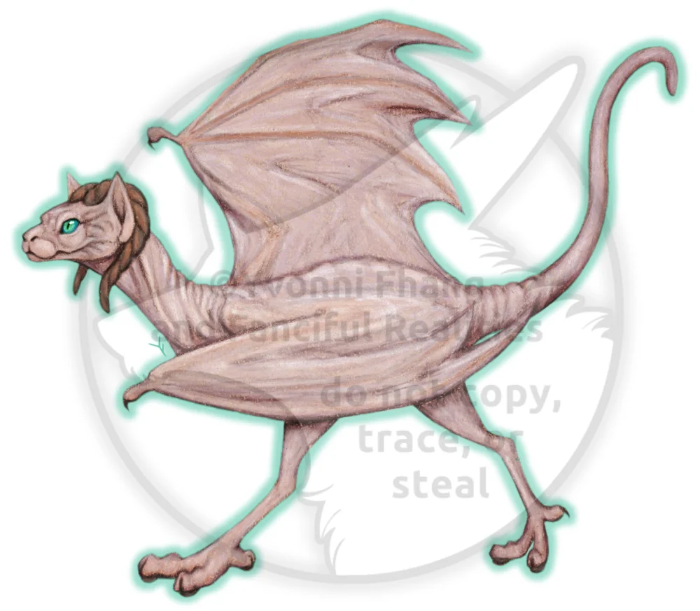 A silly hybrid of a hairless sphynx cat and a wyvern dragon.