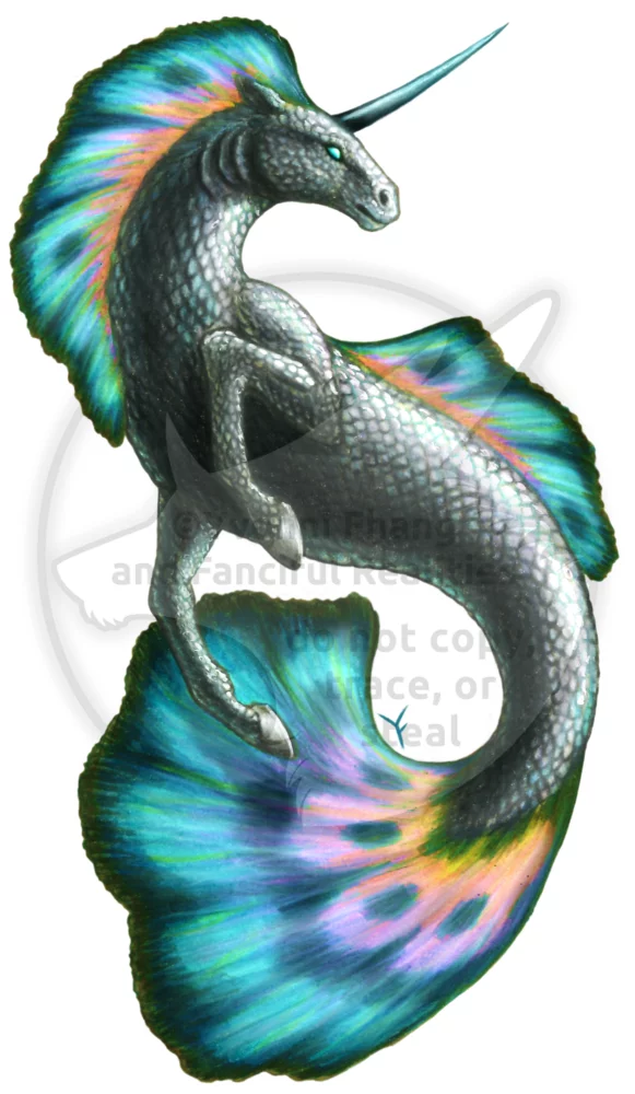 Pretty Hippocampus unicorn with a colorful fancy guppy fish tail.