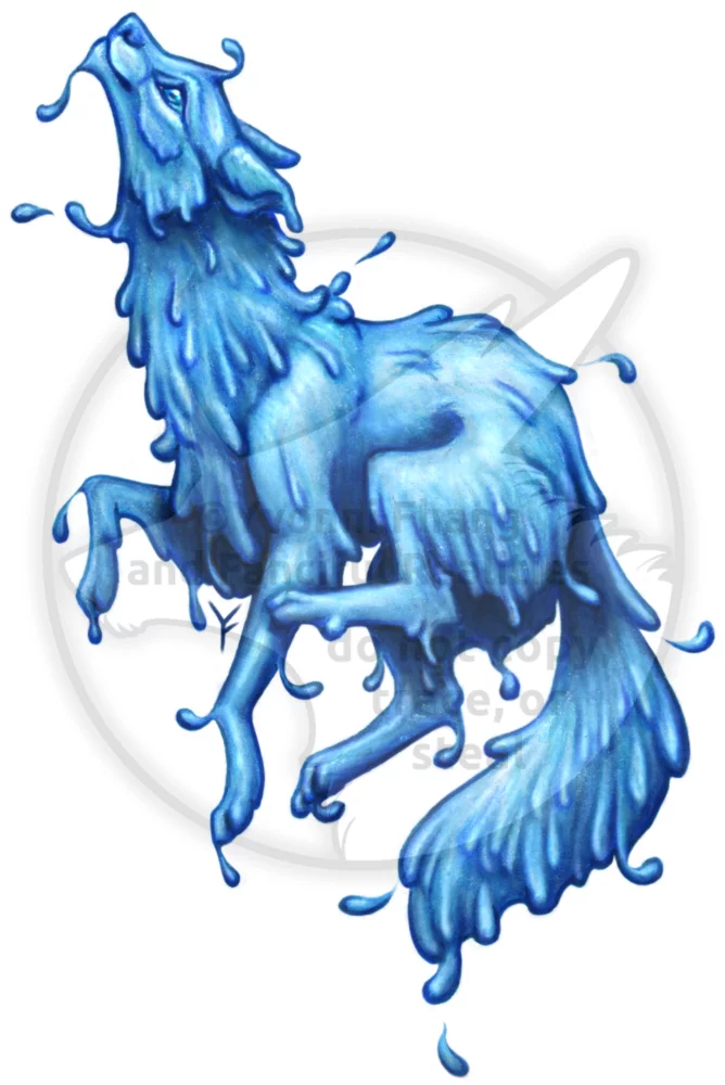 An elemental wolf creature made of blue liquid water.