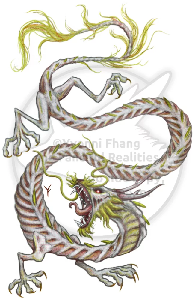 A spooky mythic hybrid, an Eastern dragon and a Wendigo spirit.