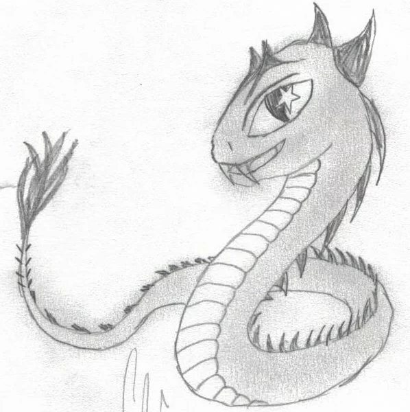 greyscale pencil drawing of a snake creature with spines and fangs