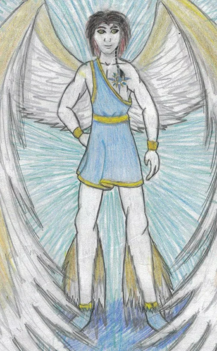 colored pencil drawing of a pale skinned humanoid with red black hair and gold wings, wearing a light blue tunic